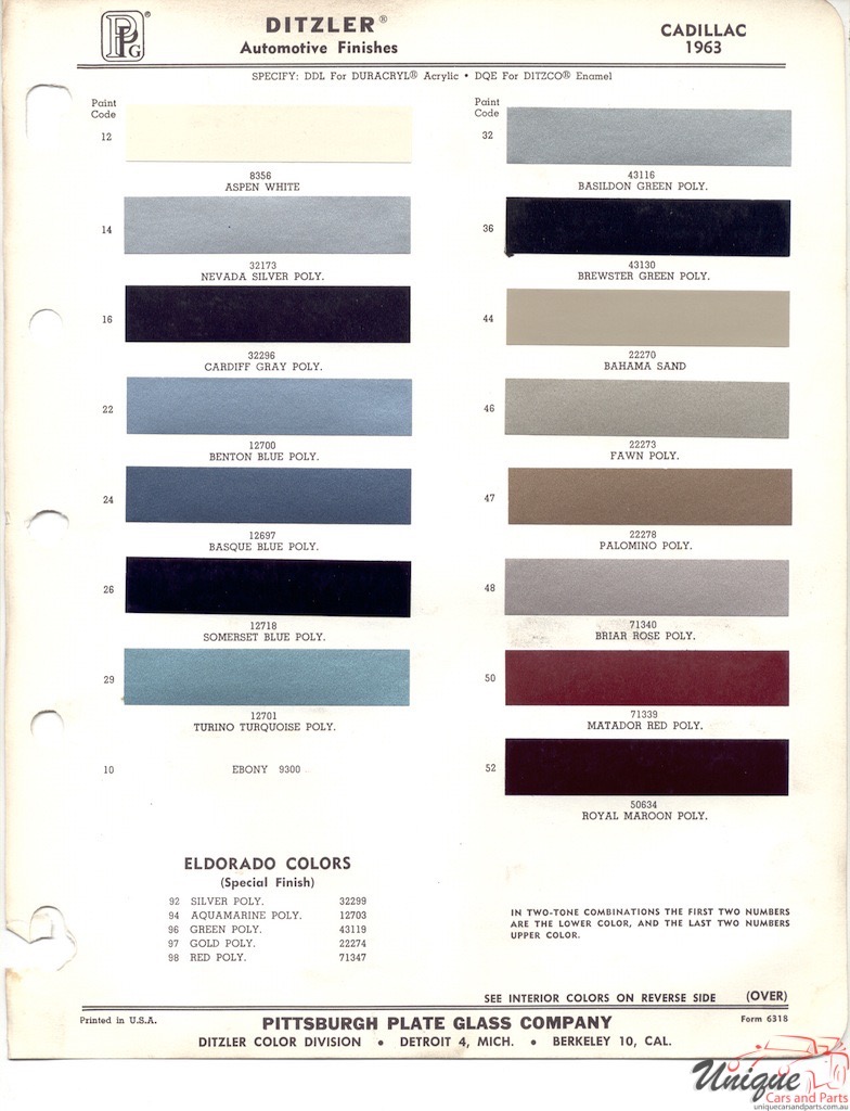 Cadillac Paint Color Chart