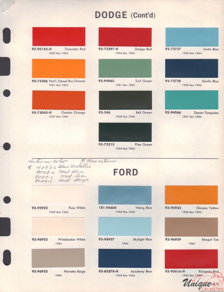 Ford Trucks Paint Chart Color Reference