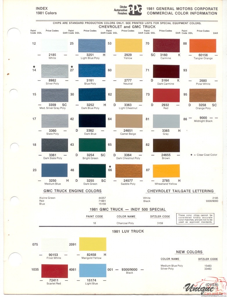 GMC Paint Chart Color Reference