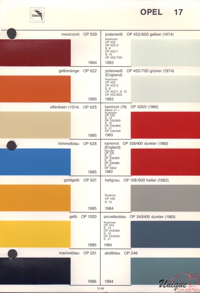 Opel Paint Chart Color Reference