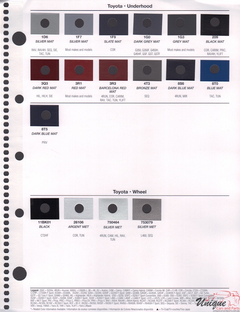 Toyota Paint Chart Color Reference